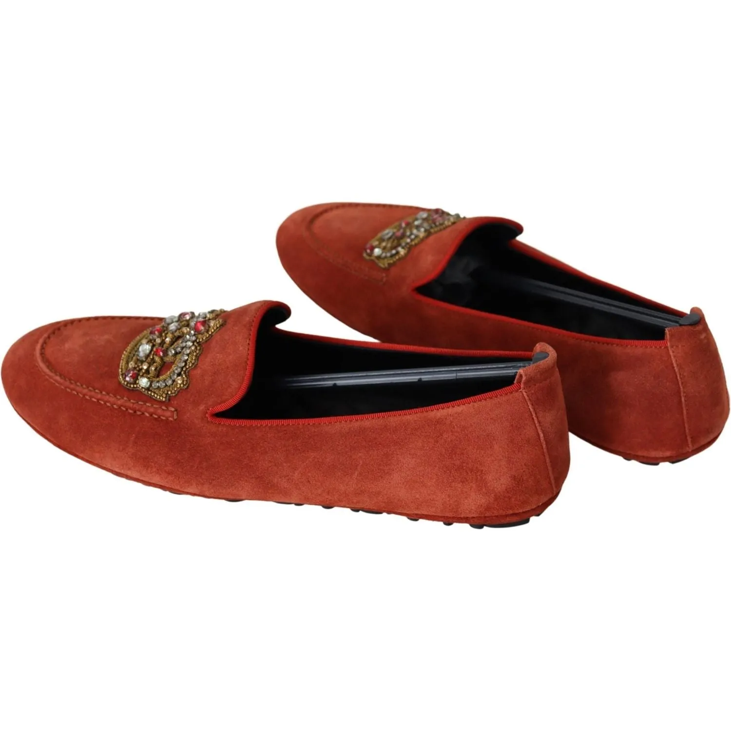 Dolce & Gabbana Opulent Orange Leather Loafers with Gold Embroidery