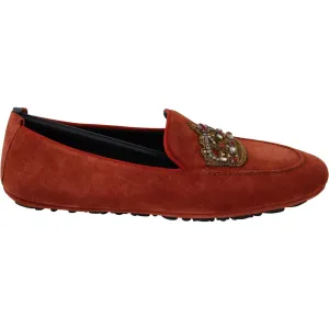 Dolce & Gabbana Opulent Orange Leather Loafers with Gold Embroidery