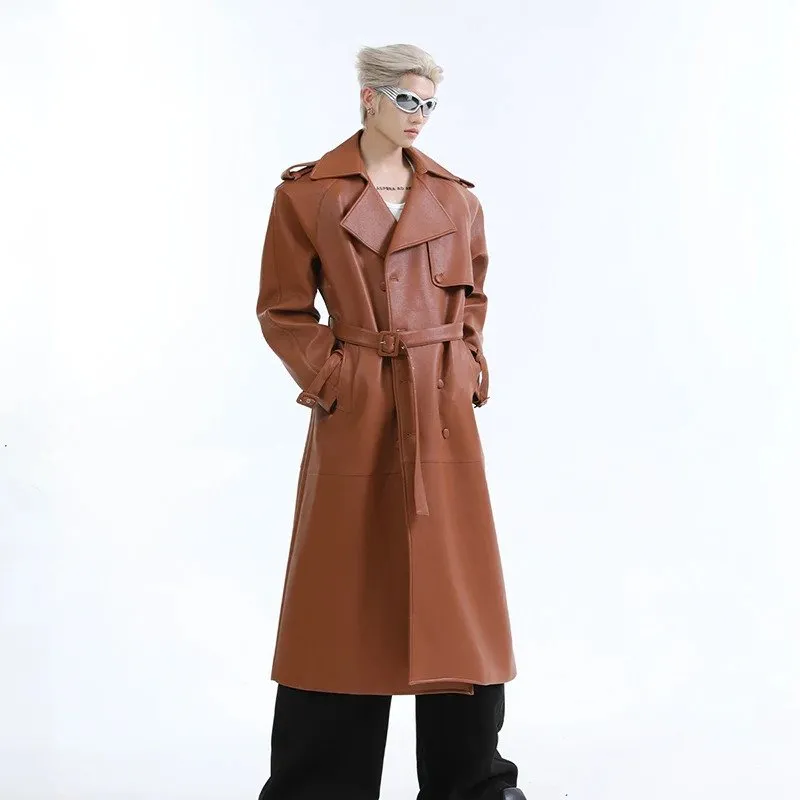 Double Breasted Lapel Leather Belt Coat