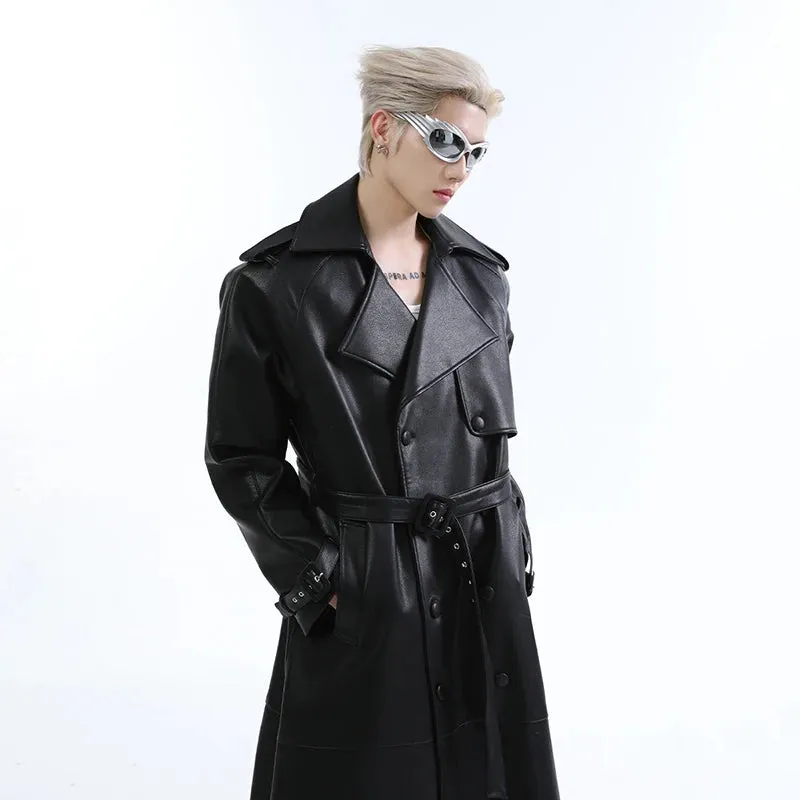 Double Breasted Lapel Leather Belt Coat