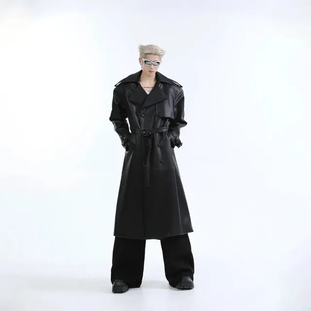 Double Breasted Lapel Leather Belt Coat