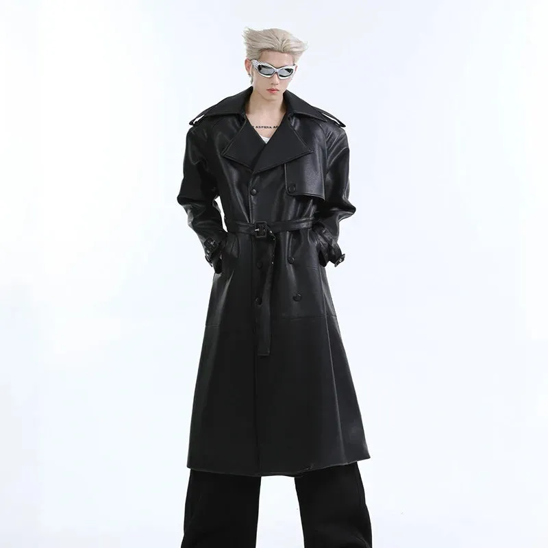 Double Breasted Lapel Leather Belt Coat