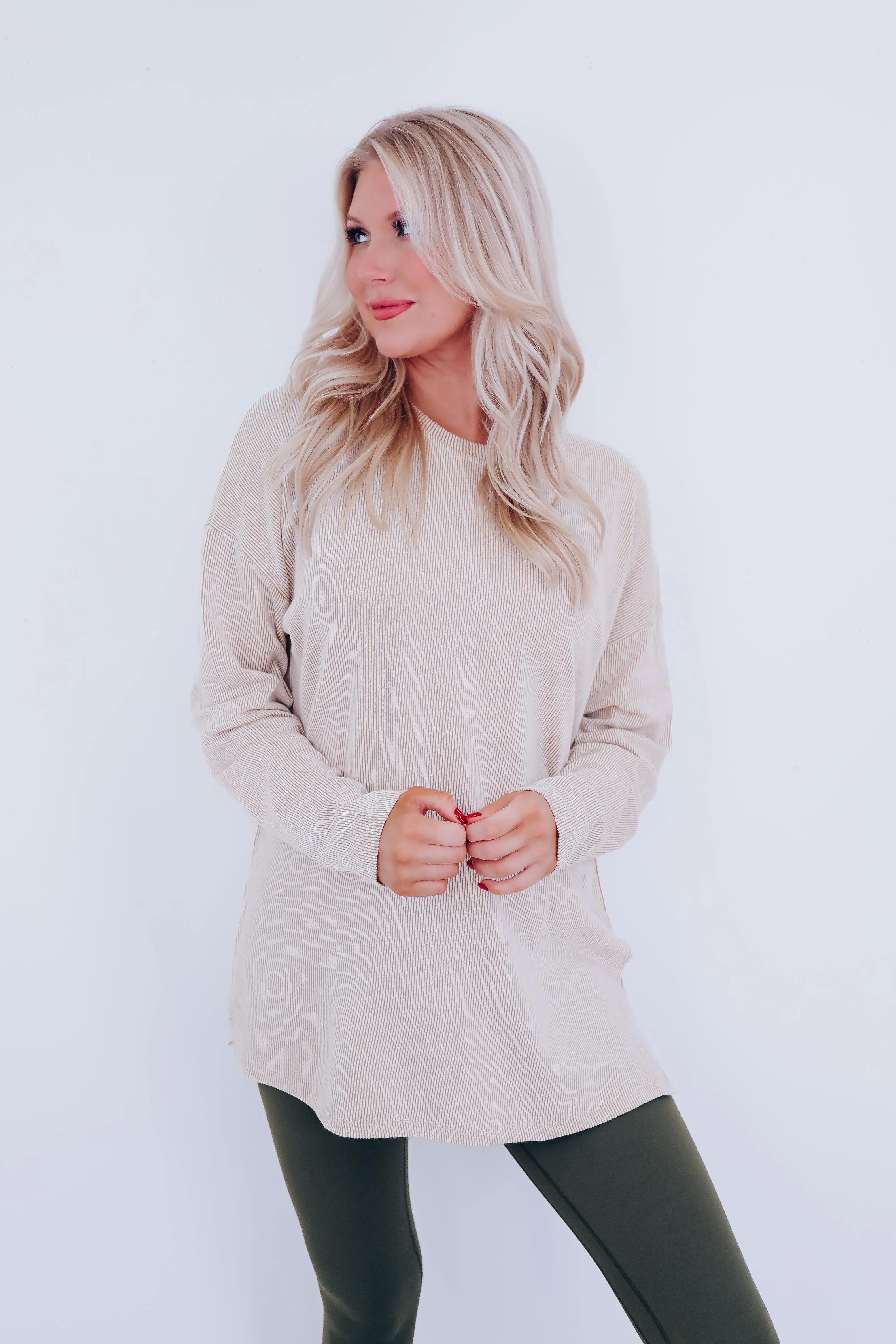 Easy Flow Crew Neck Ribbed Tunic - Beige