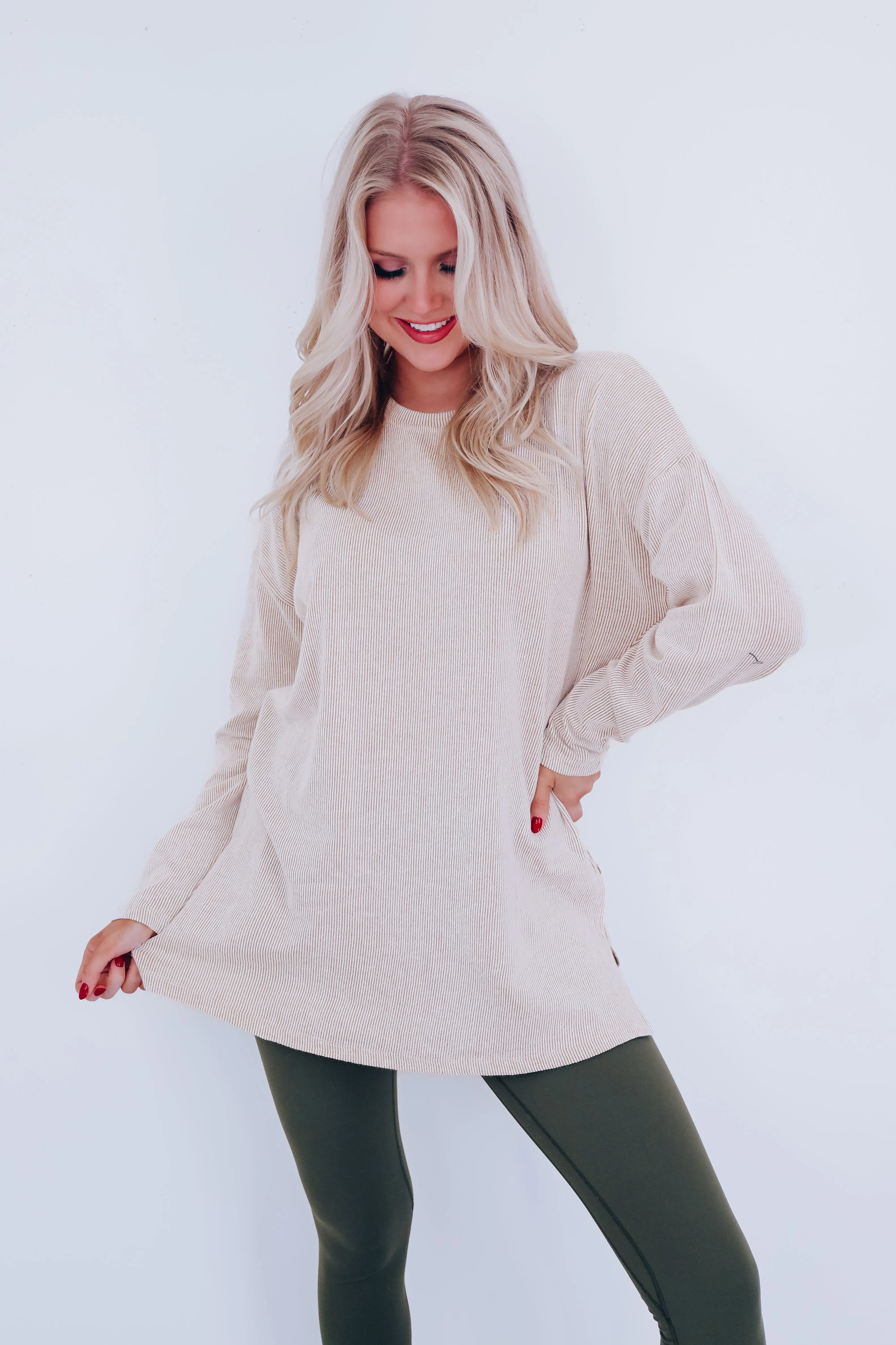 Easy Flow Crew Neck Ribbed Tunic - Beige