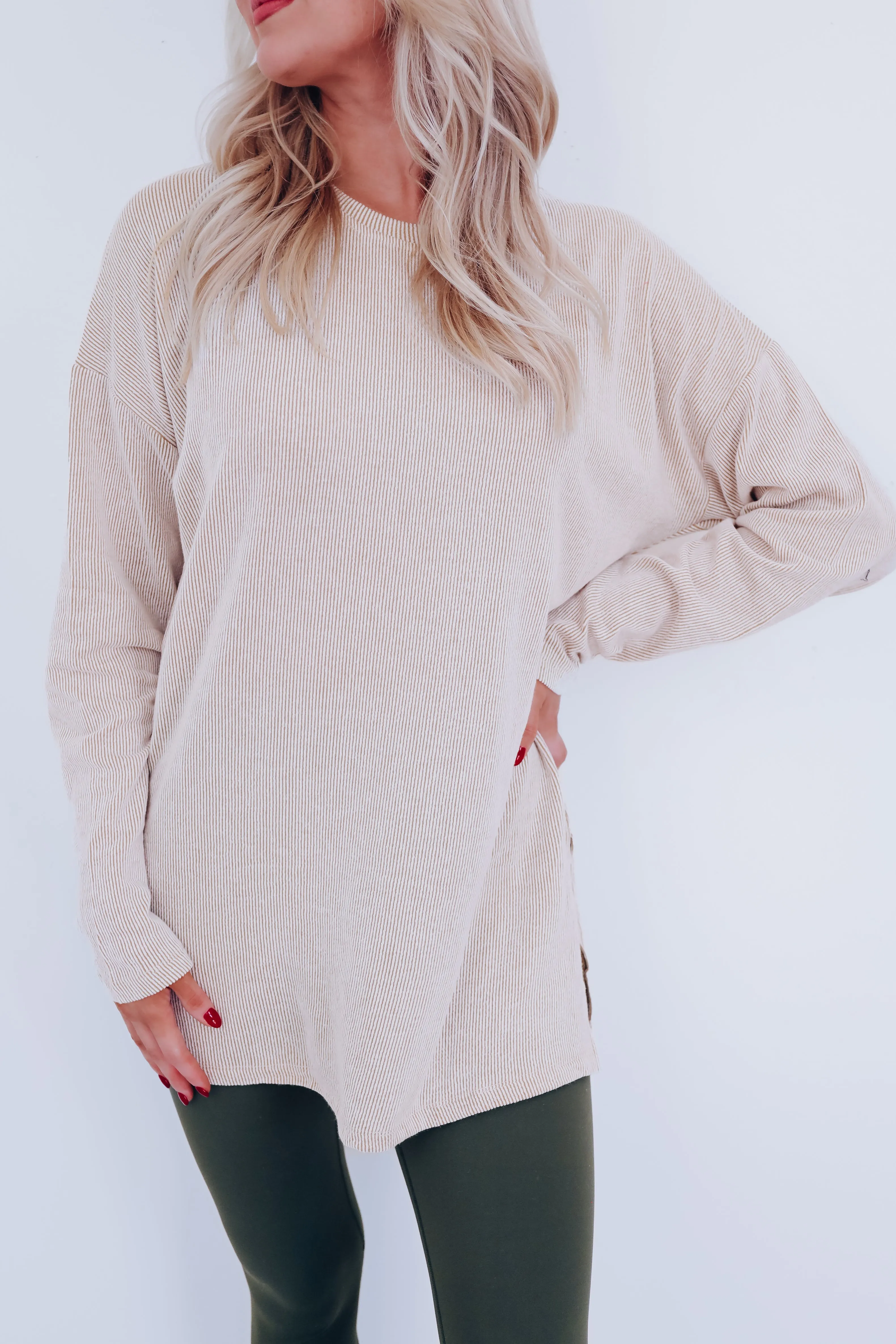 Easy Flow Crew Neck Ribbed Tunic - Beige