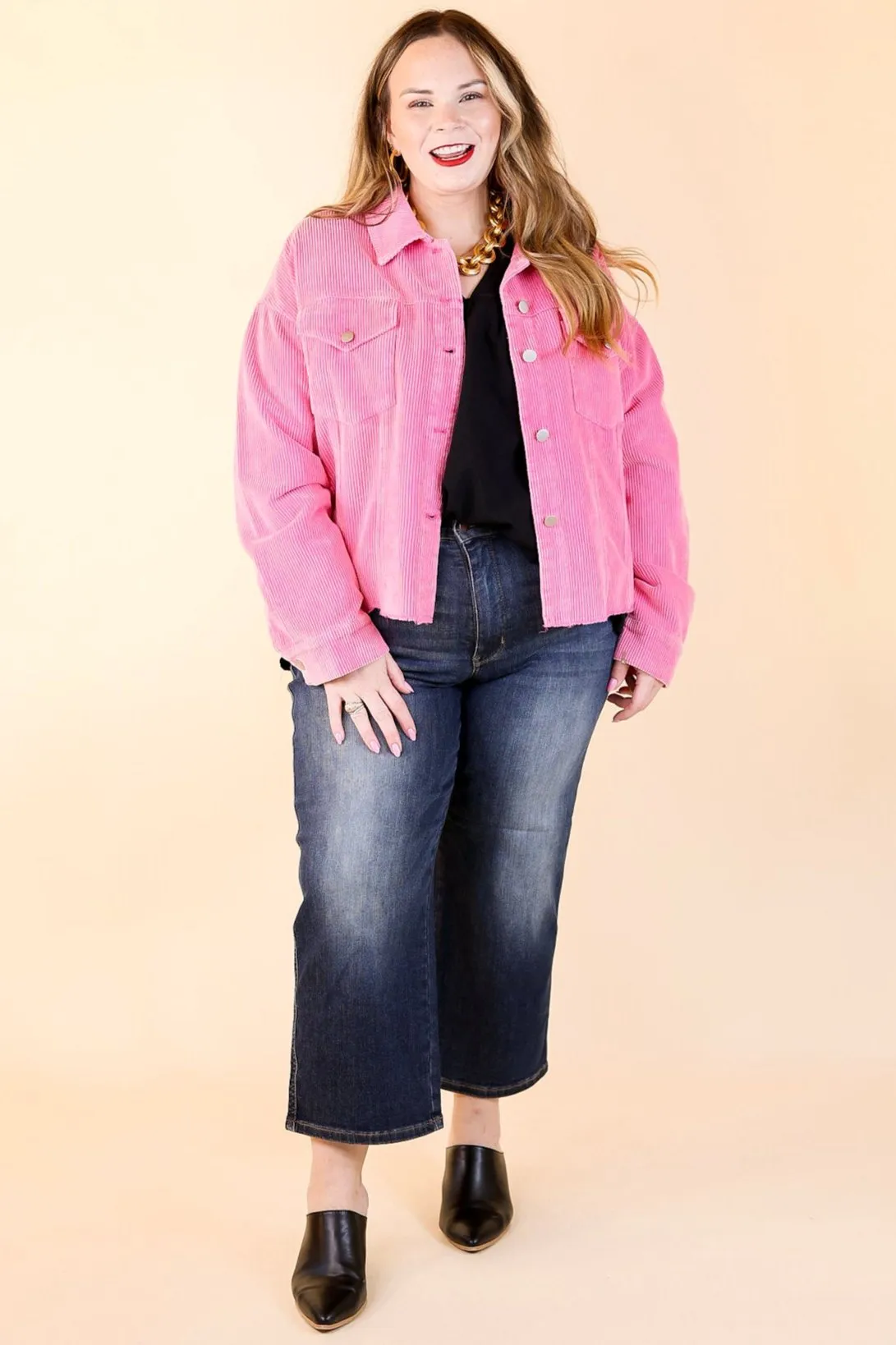 Edgy and Chic Button Up Corduroy Jacket with Raw Hem in Hot Pink