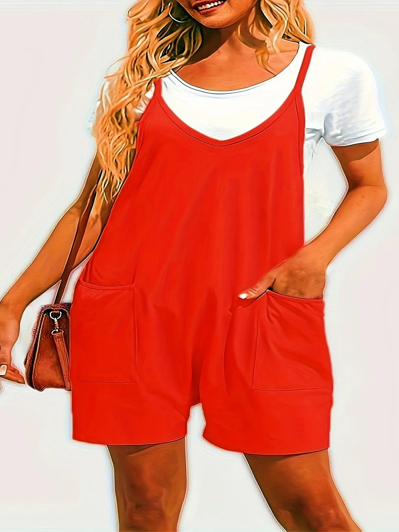 Effortless Women's Plus Plain V Neck Romper with Pockets