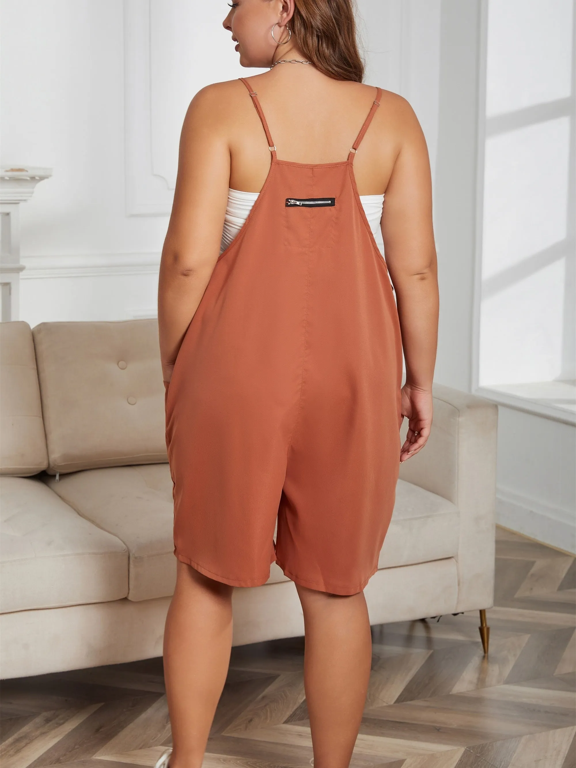 Effortless Women's Plus Plain V Neck Romper with Pockets