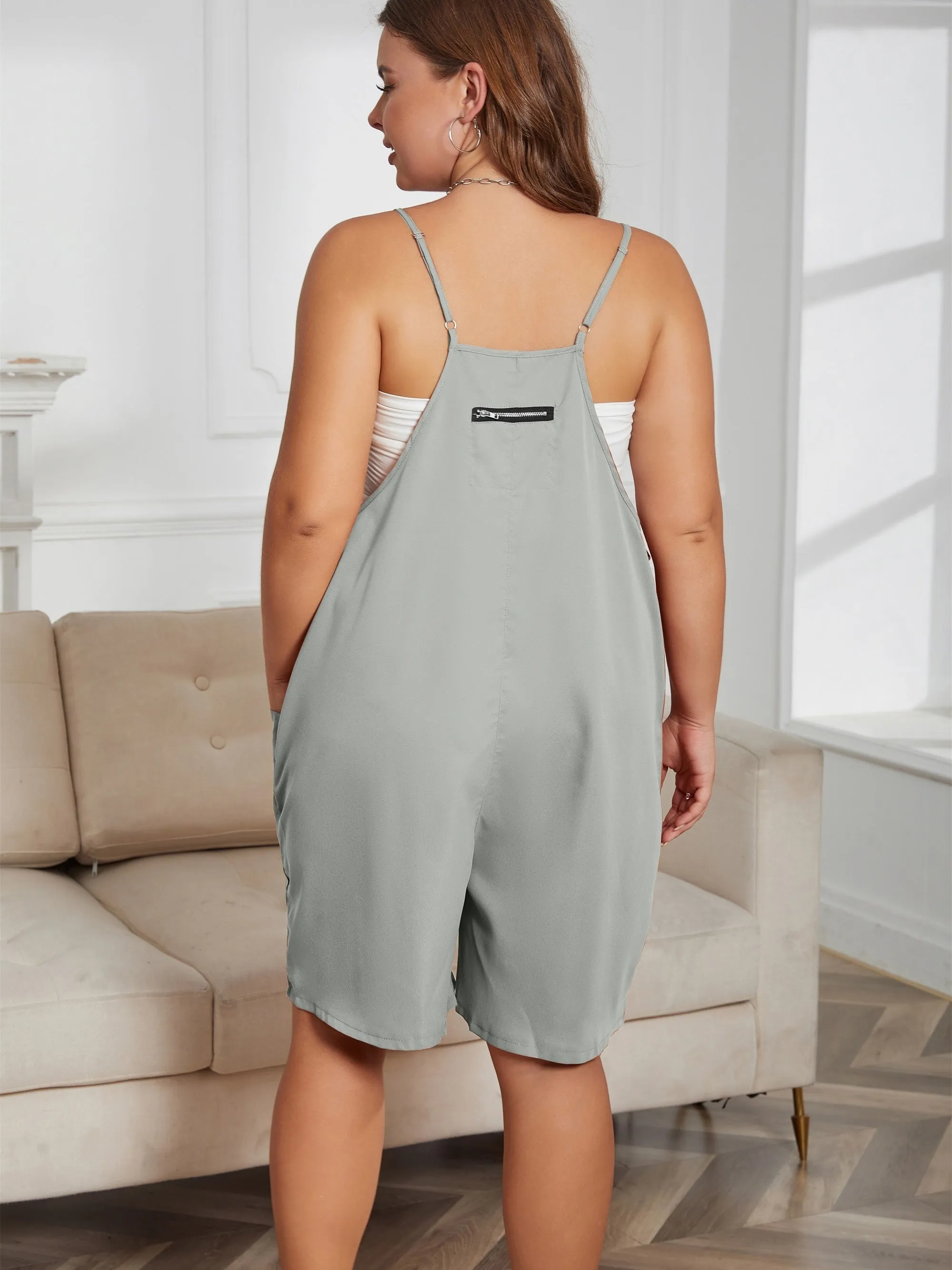 Effortless Women's Plus Plain V Neck Romper with Pockets