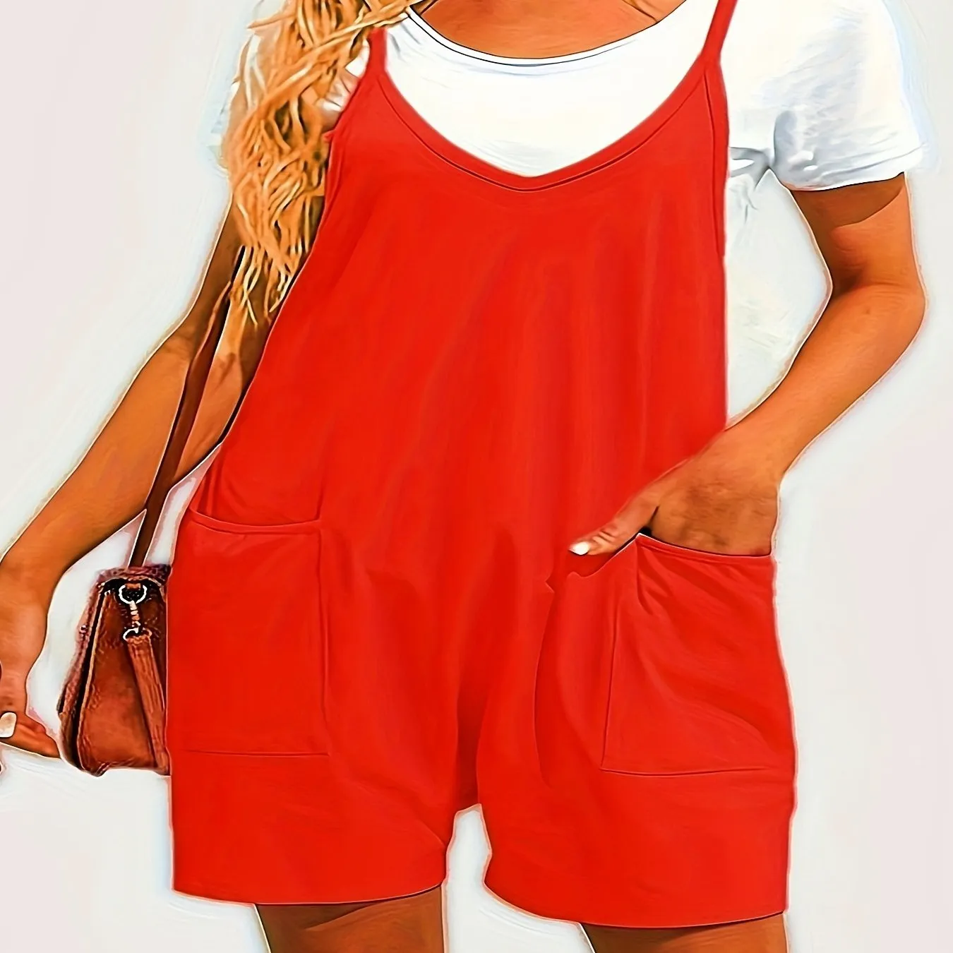 Effortless Women's Plus Plain V Neck Romper with Pockets