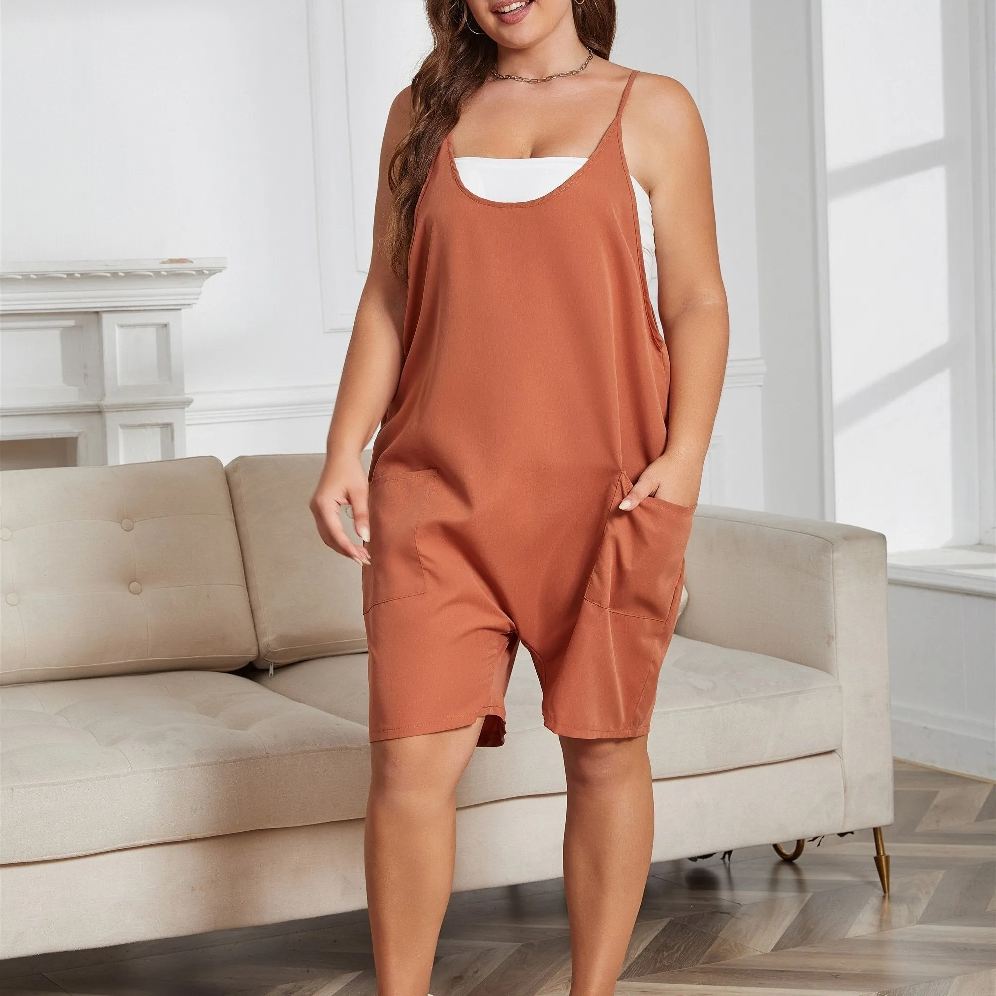 Effortless Women's Plus Plain V Neck Romper with Pockets