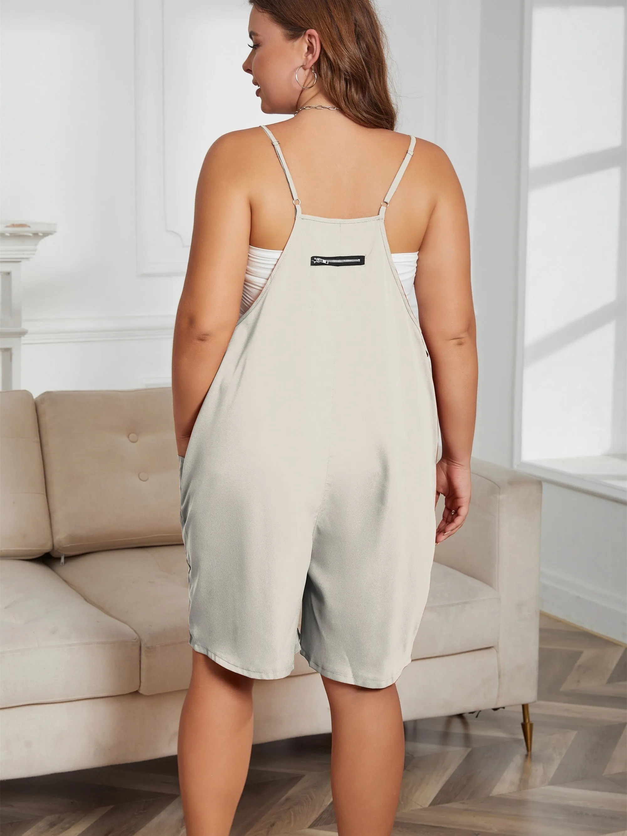 Effortless Women's Plus Plain V Neck Romper with Pockets