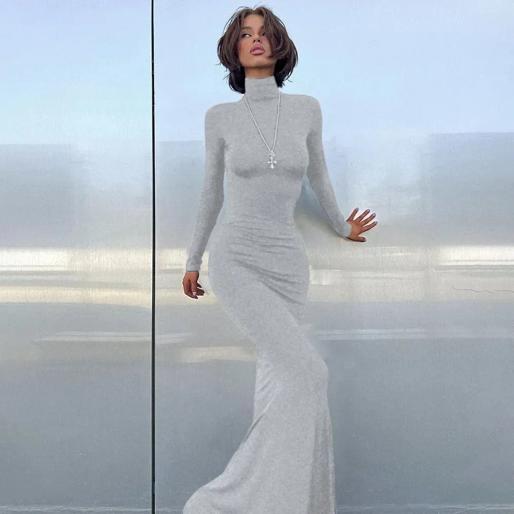 Elegant High Collar Long Sleeve Fishtail Maxi Dress for Prom Occasions