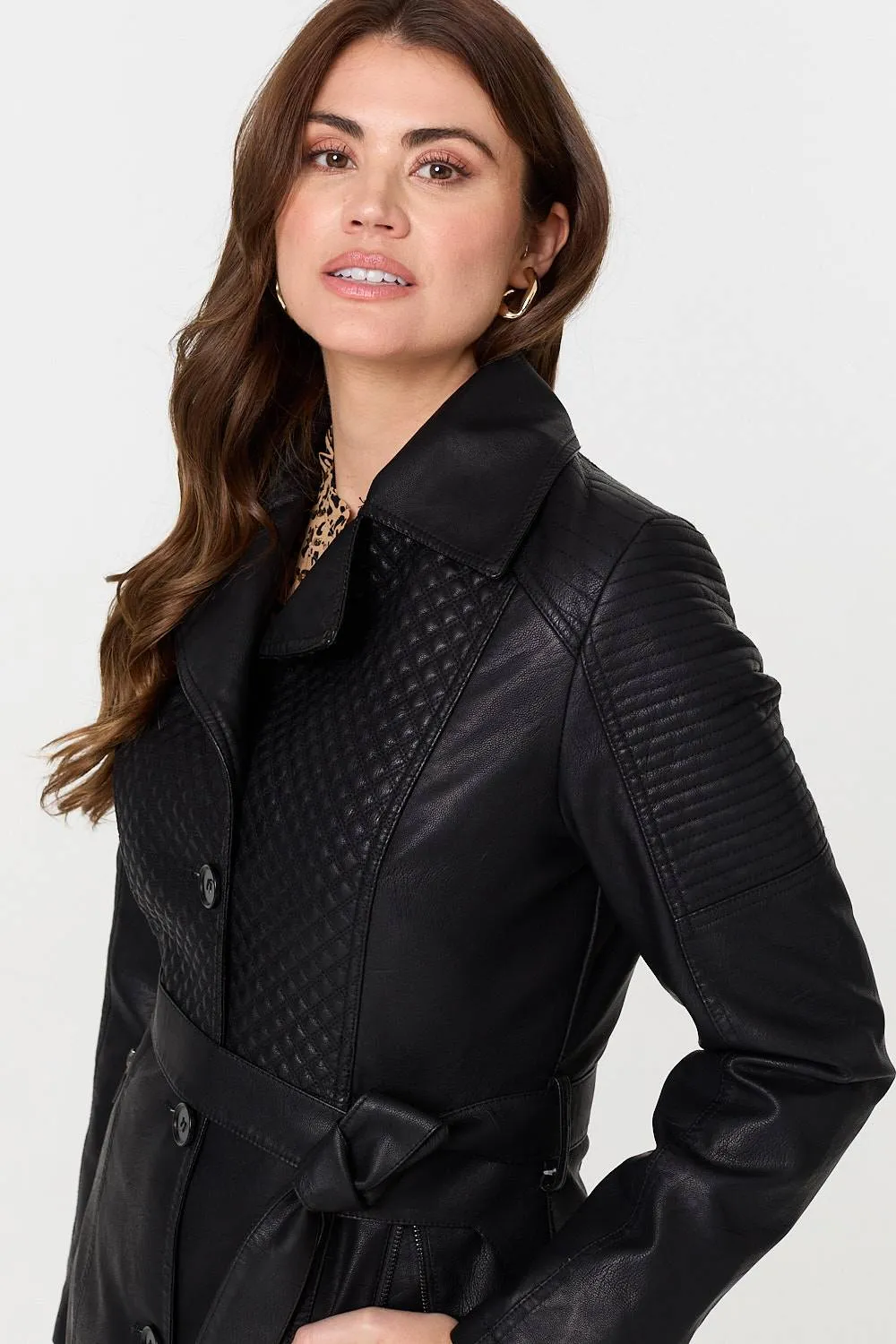 Faux Leather Relaxed Thigh Length Jacket