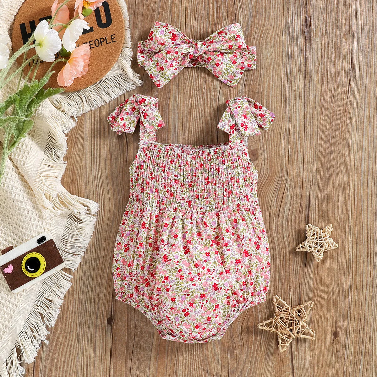 Floral Strap Smocking One-piece Romper Baby Girl Rompers