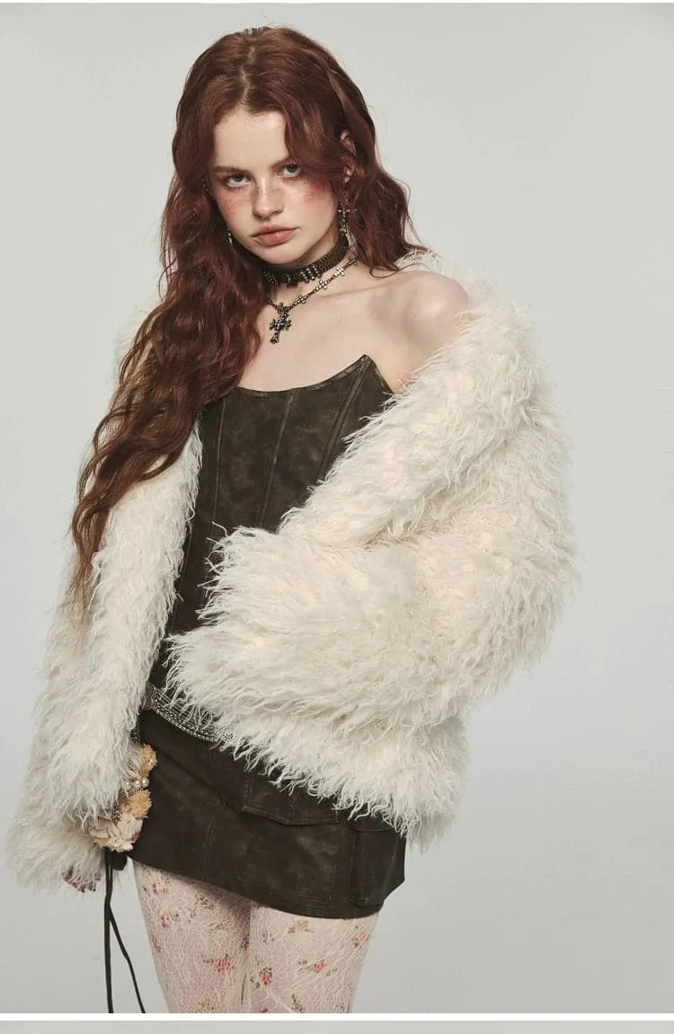 Fluffy Long Lapel Solid Color Versatile Eco-Fur Coat