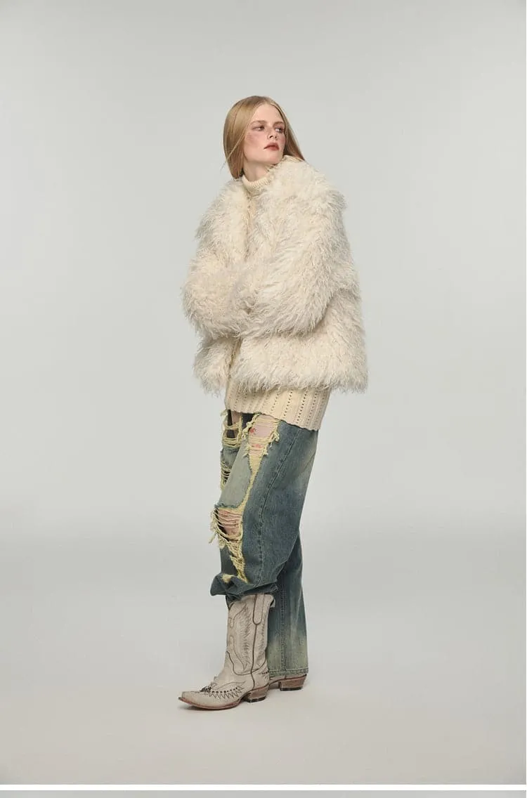 Fluffy Long Lapel Solid Color Versatile Eco-Fur Coat