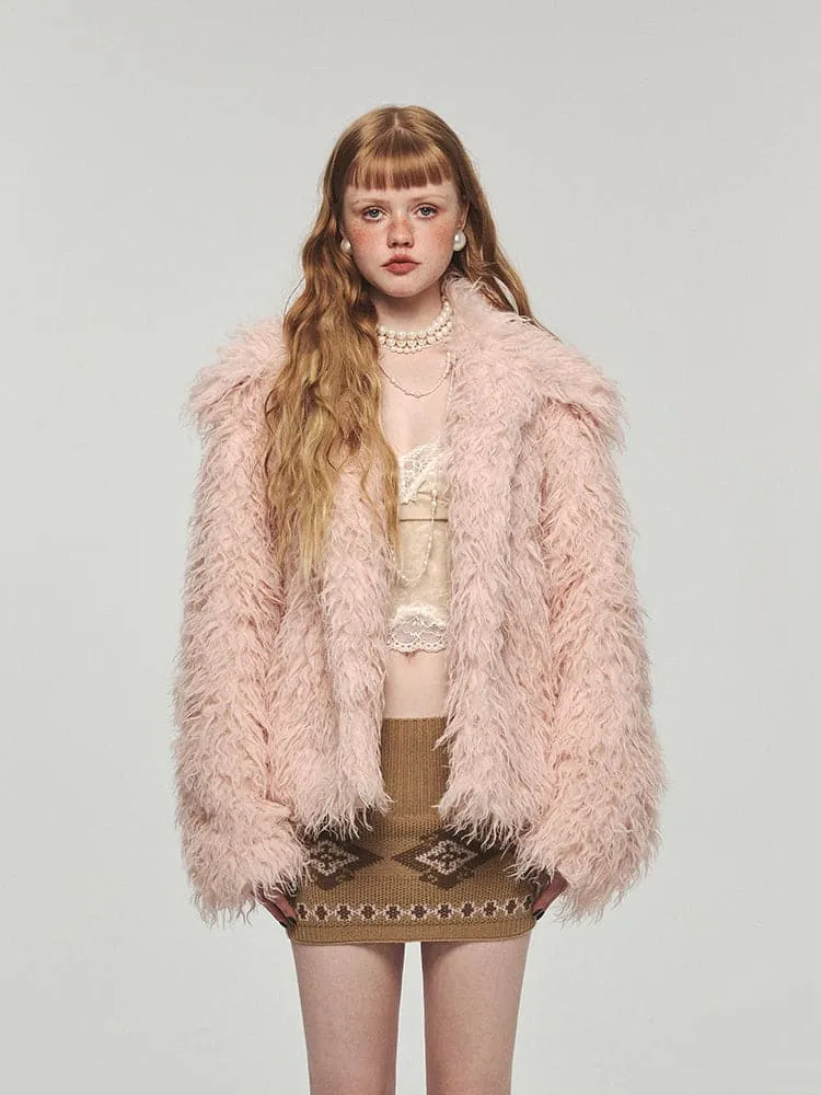 Fluffy Long Lapel Solid Color Versatile Eco-Fur Coat