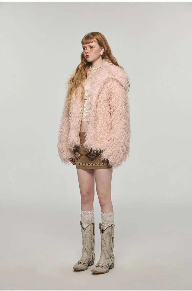 Fluffy Long Lapel Solid Color Versatile Eco-Fur Coat