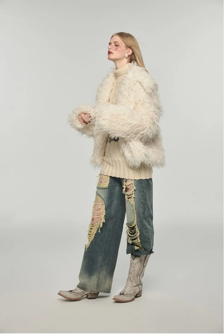 Fluffy Long Lapel Solid Color Versatile Eco-Fur Coat