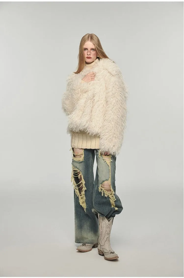 Fluffy Long Lapel Solid Color Versatile Eco-Fur Coat