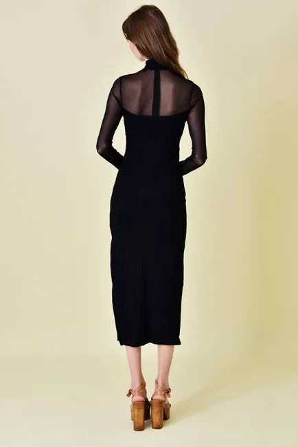 Fore Mesh Cut Out Mock Neck Black Midi Dress