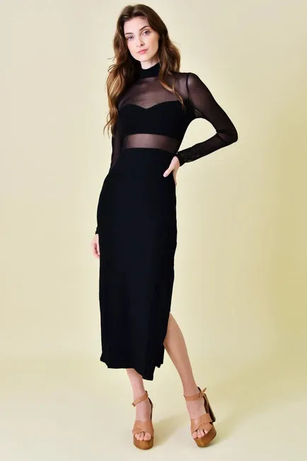 Fore Mesh Cut Out Mock Neck Black Midi Dress