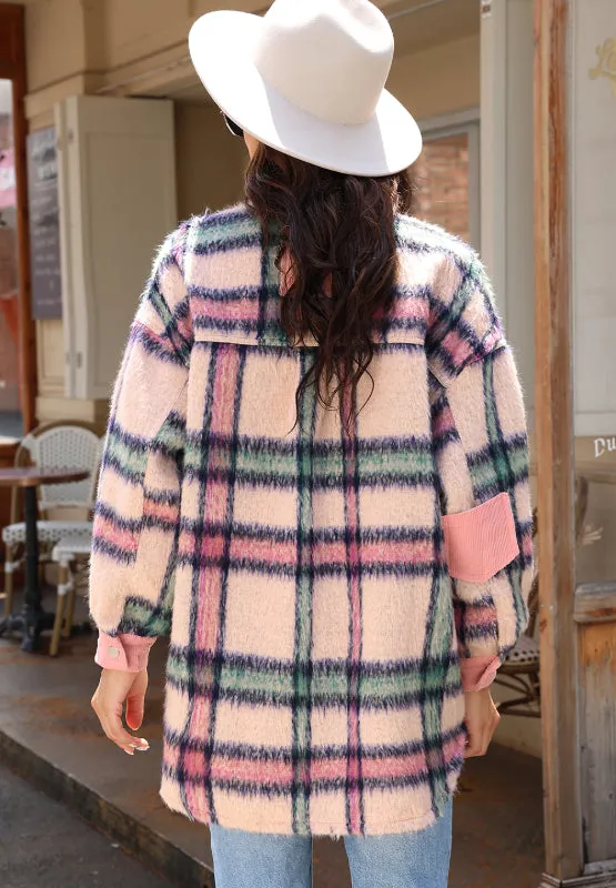 Fuzzy Plaid Corduroy Patchwork Shacket