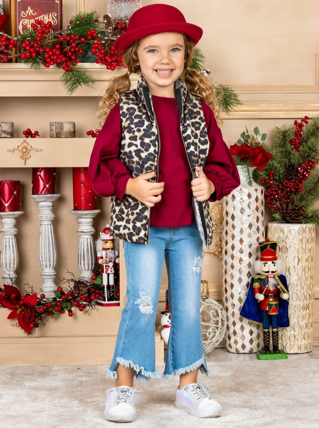 Girls Balloon Sleeve Top, Leopard Puffer Vest and Distressed Jeans Set