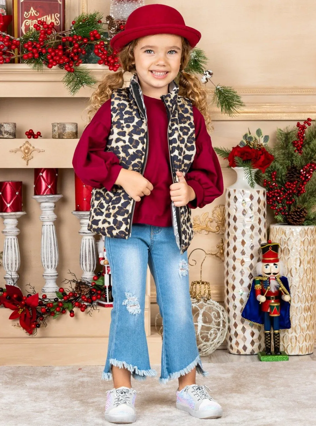 Girls Balloon Sleeve Top, Leopard Puffer Vest and Distressed Jeans Set