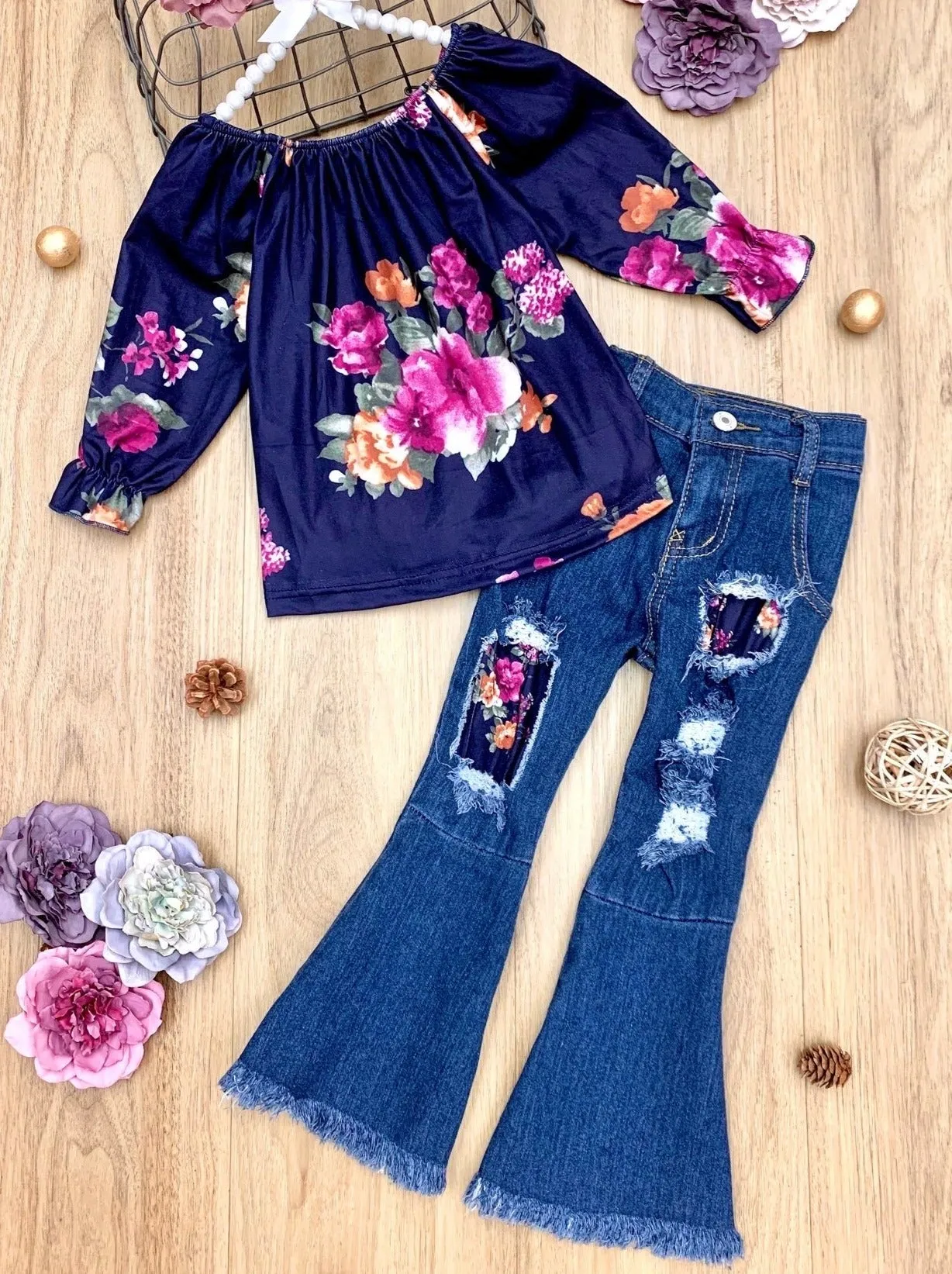 Girls Floral Top and Patched Bell Bottom Jeans Set