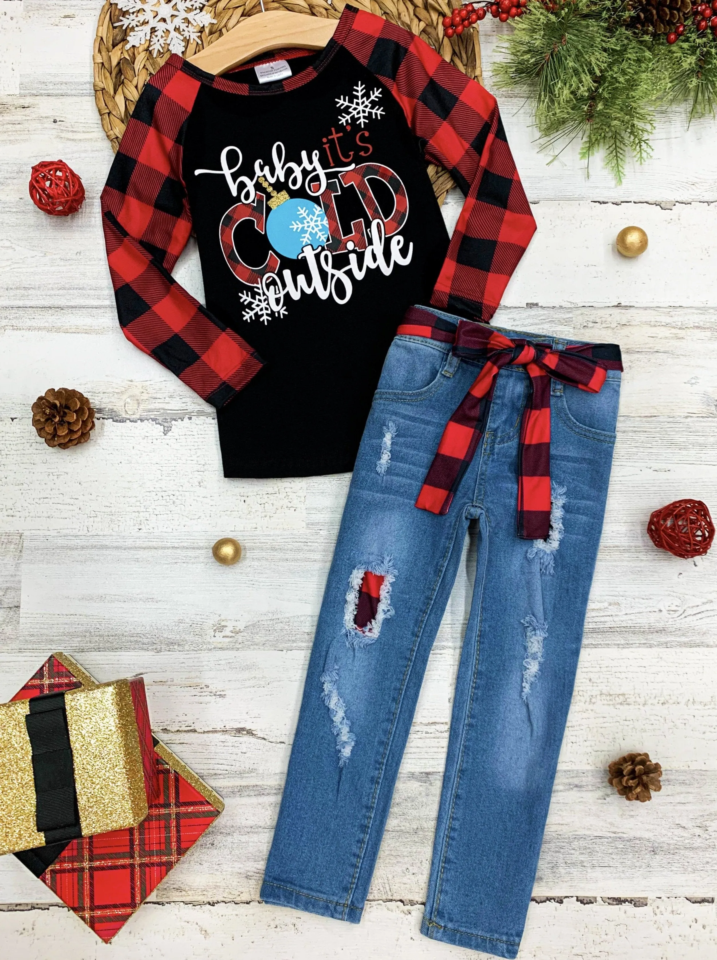 Girls "Baby It's Cold Outside" Raglan Top and Patched Jeans with Belt Set