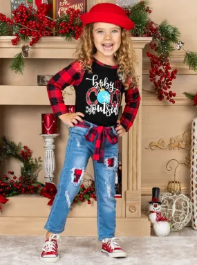 Girls "Baby It's Cold Outside" Raglan Top and Patched Jeans with Belt Set