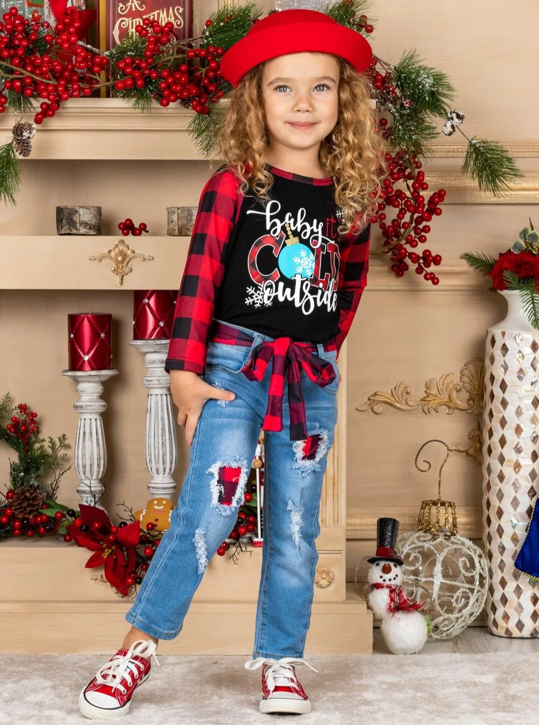 Girls "Baby It's Cold Outside" Raglan Top and Patched Jeans with Belt Set