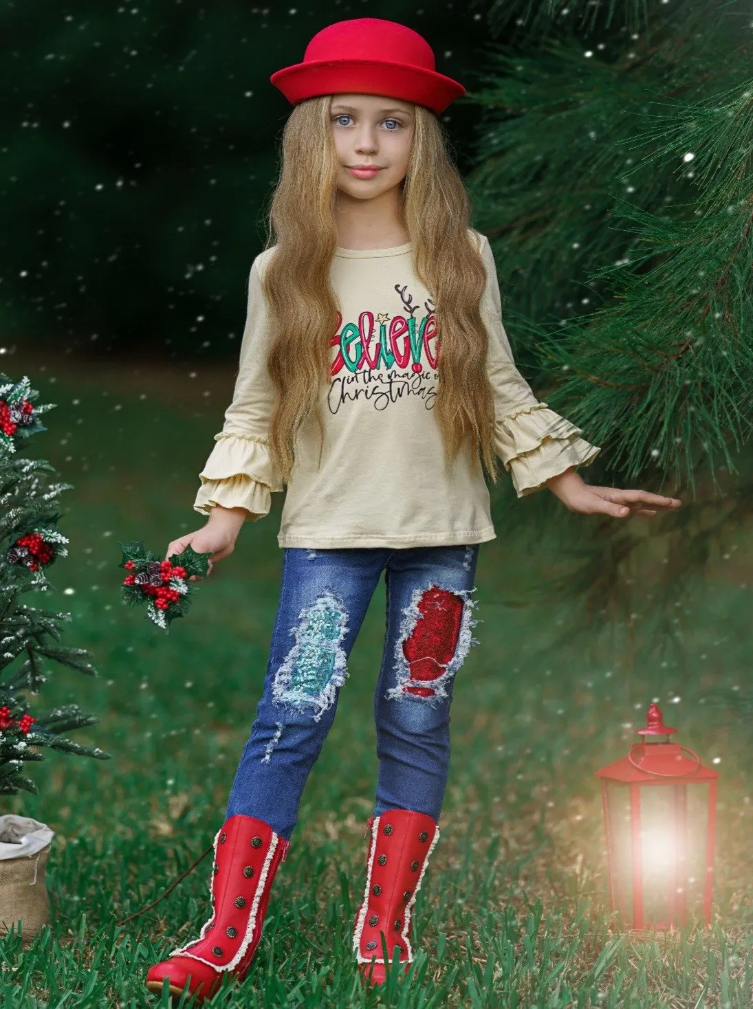 Girls "Believe In The Magic Of Christmas" Ruffled Top and Patched Jeans Set