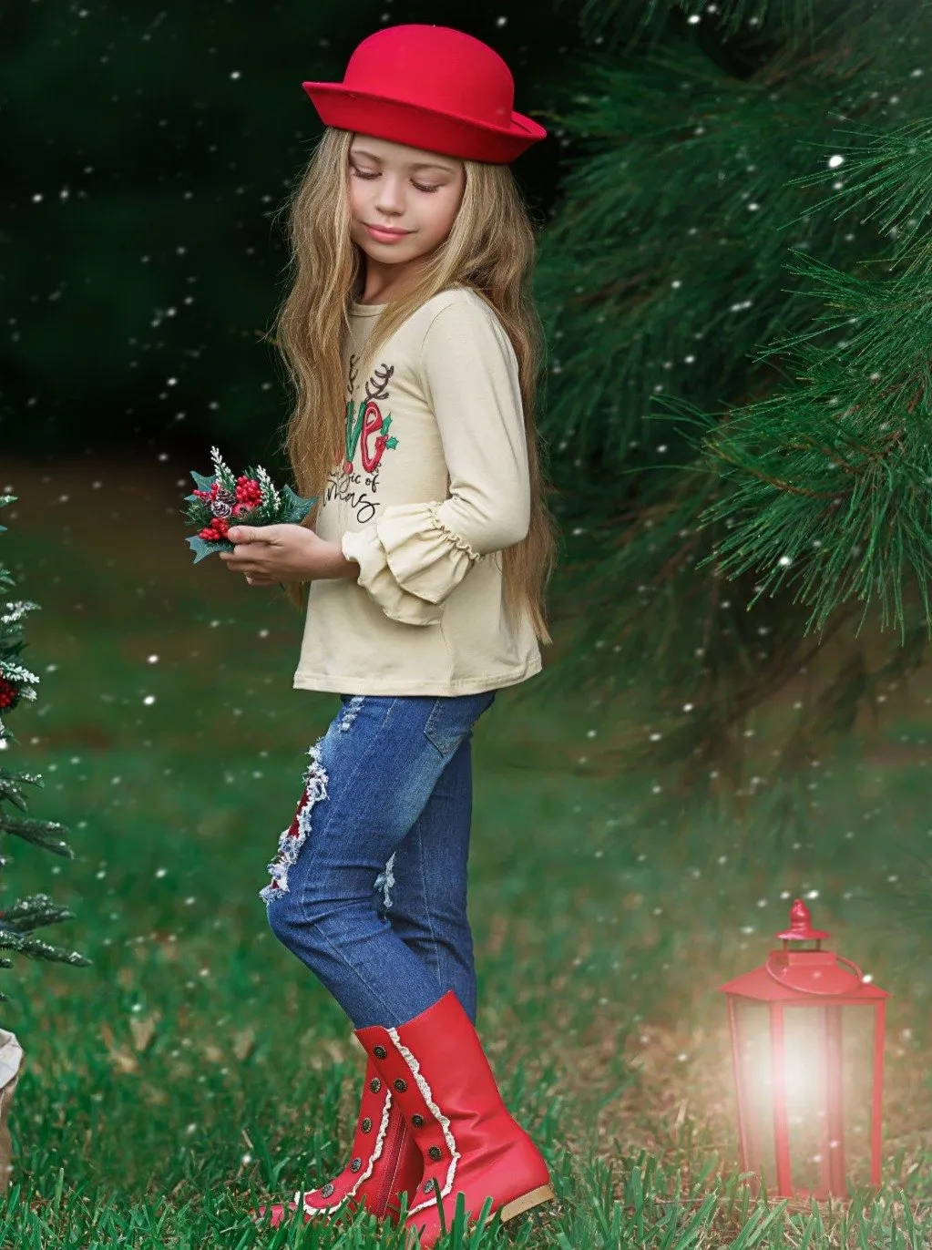 Girls "Believe In The Magic Of Christmas" Ruffled Top and Patched Jeans Set