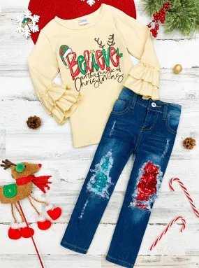 Girls "Believe In The Magic Of Christmas" Ruffled Top and Patched Jeans Set