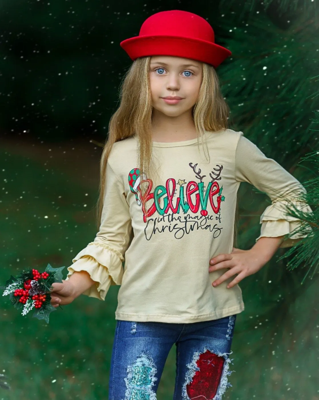 Girls "Believe In The Magic Of Christmas" Ruffled Top and Patched Jeans Set