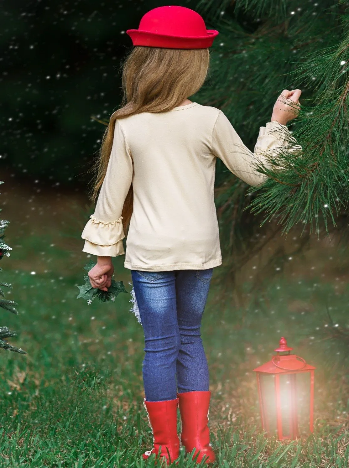 Girls "Believe In The Magic Of Christmas" Ruffled Top and Patched Jeans Set