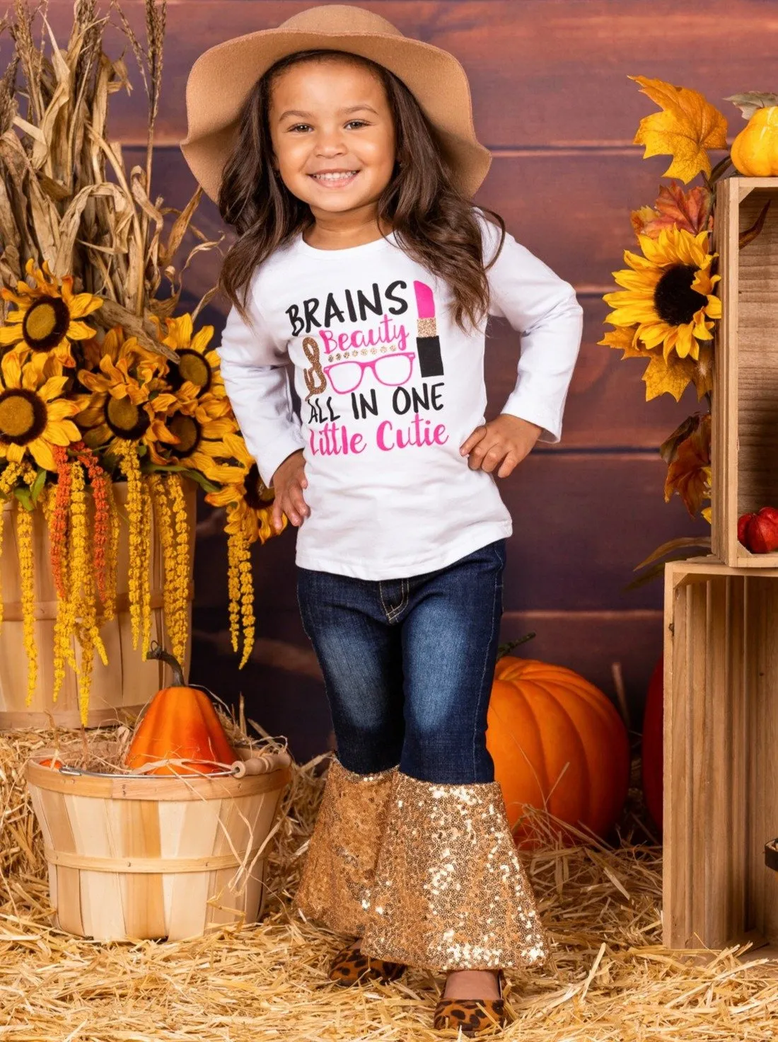 Girls "Brains & Beauty, All In One Cutie" Sequin Bell Bottom Jean Set