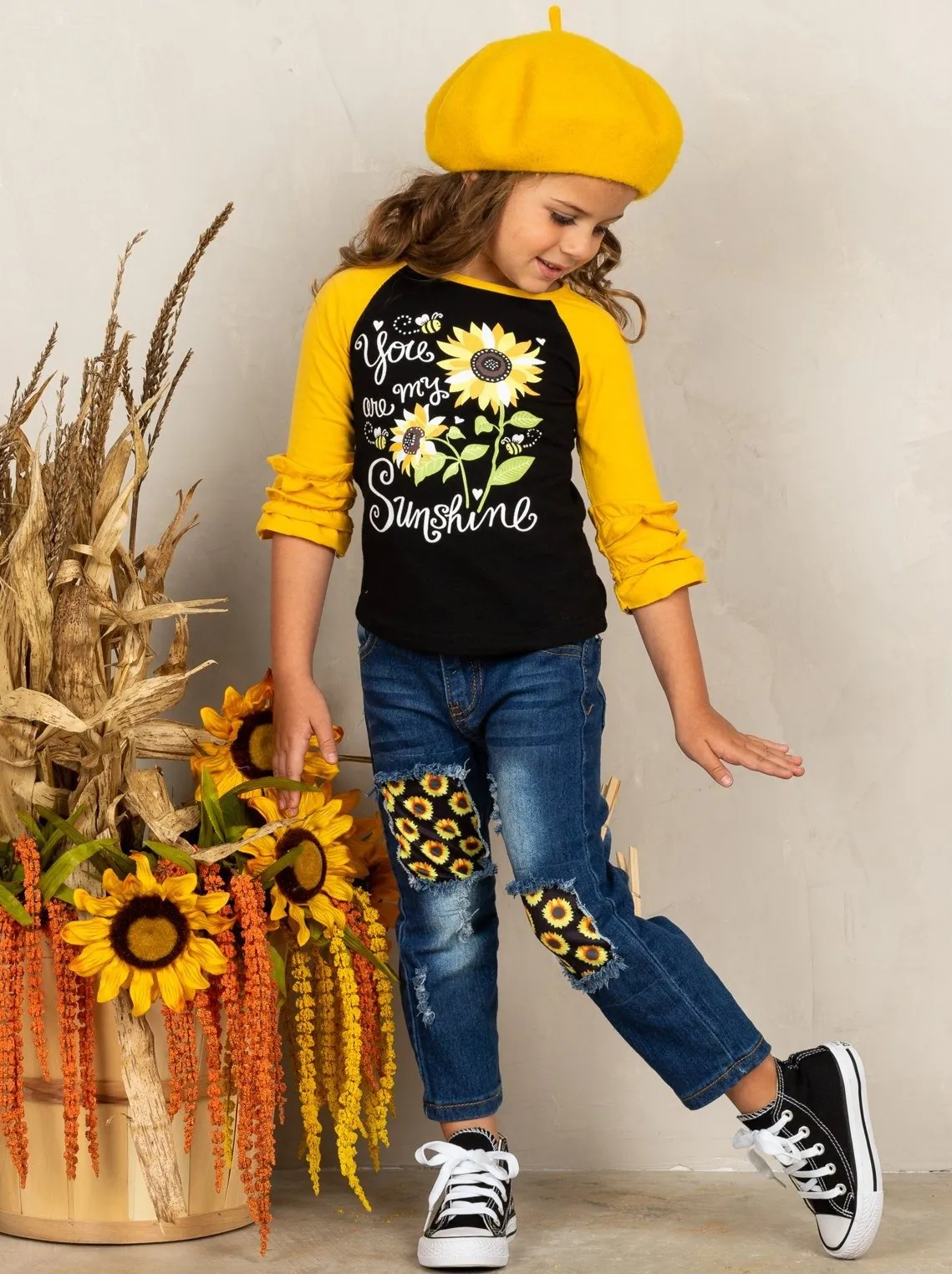 Girls "You Are My Sunshine" Raglan Top and Patched Jeans Sunflower Set