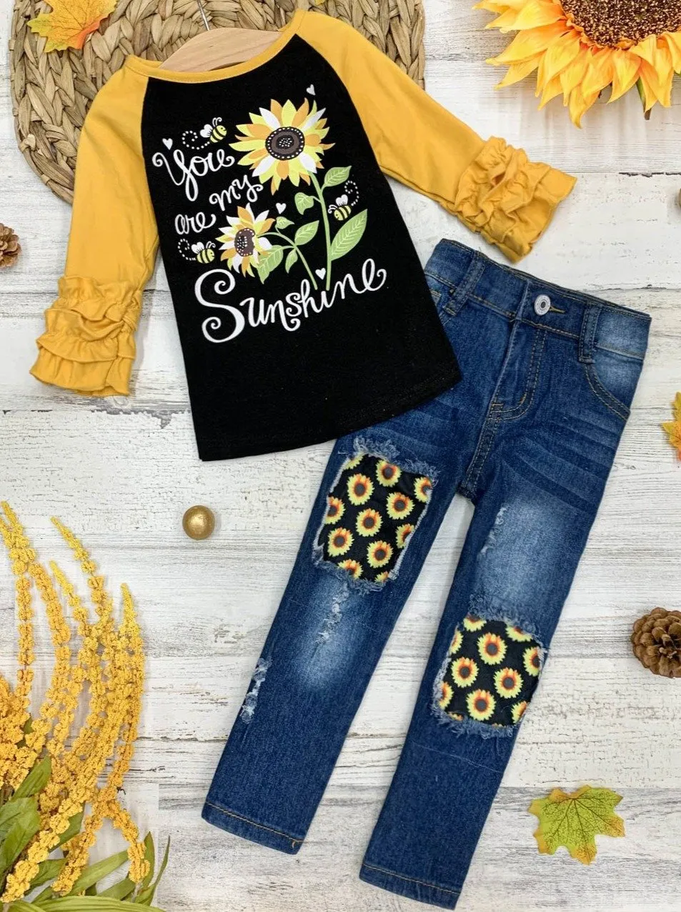 Girls "You Are My Sunshine" Raglan Top and Patched Jeans Sunflower Set