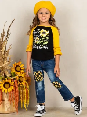 Girls "You Are My Sunshine" Raglan Top and Patched Jeans Sunflower Set