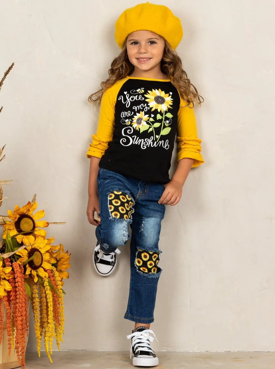 Girls "You Are My Sunshine" Raglan Top and Patched Jeans Sunflower Set