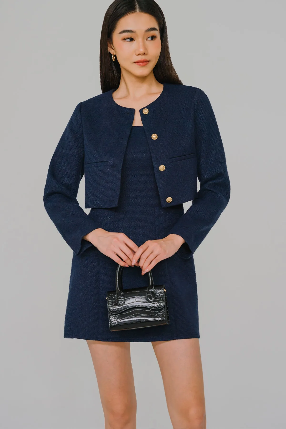 Grace And Poise Tweed Romper Dress (Navy)