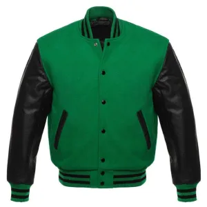 Green and Black Leather Varsity Jacket for Men