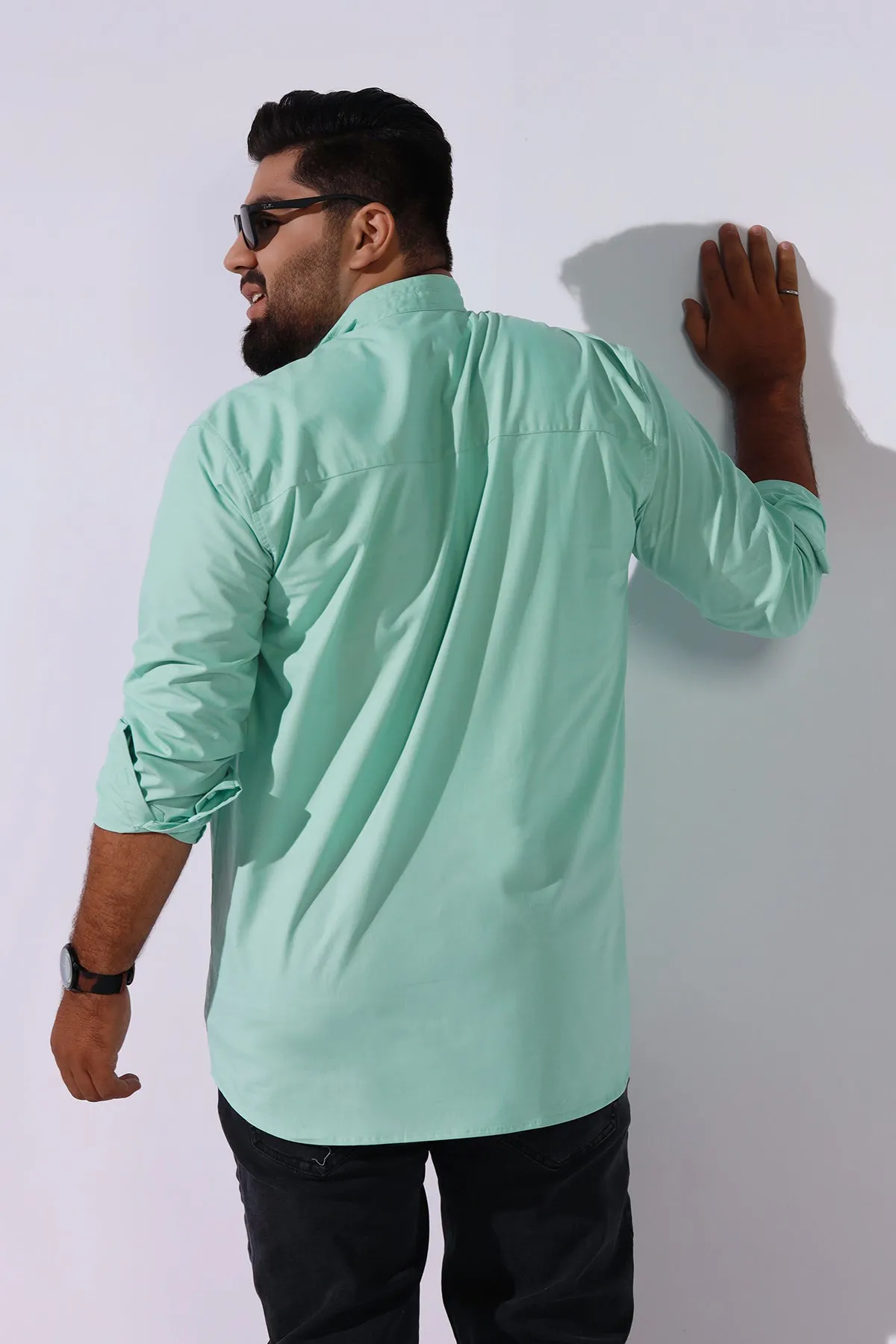 Green Ban Collar Poplin Shirt (Plus Size) - P22 - MS0006P