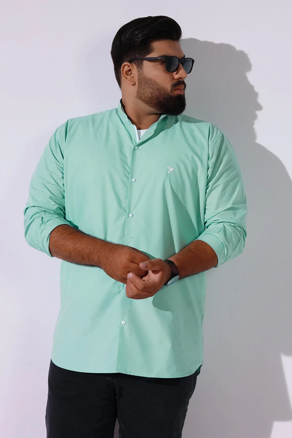 Green Ban Collar Poplin Shirt (Plus Size) - P22 - MS0006P