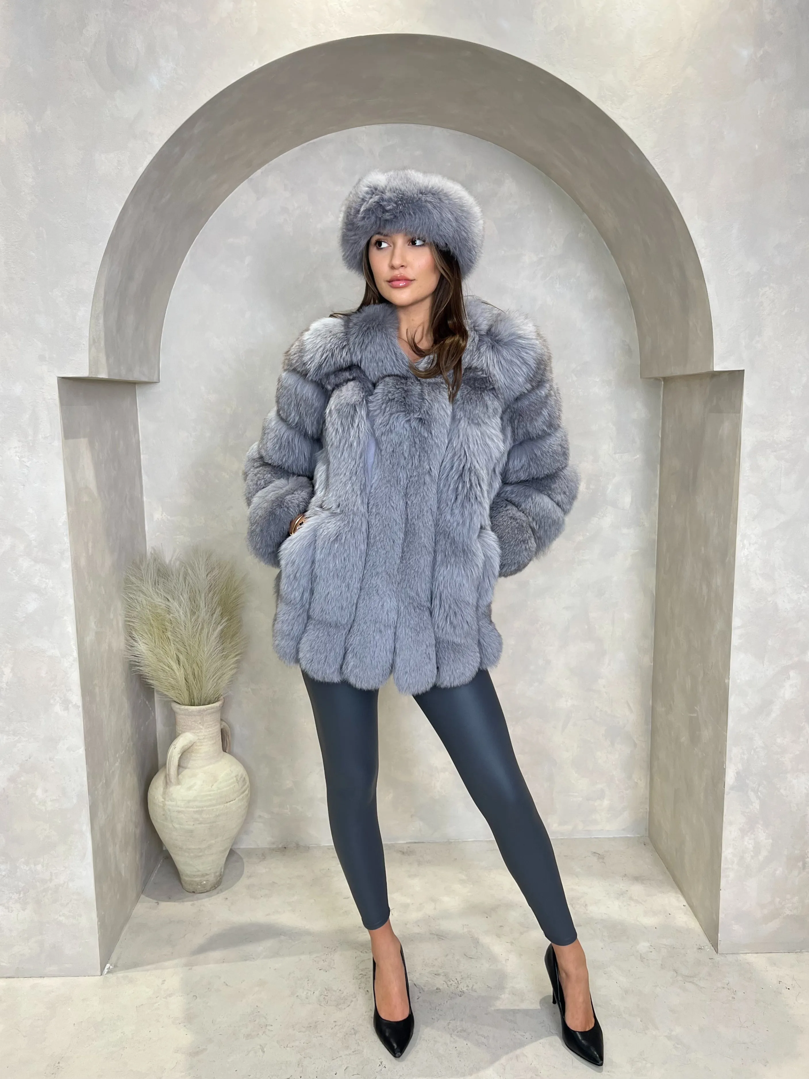 Grey Luxury Fur Mid Length Coat