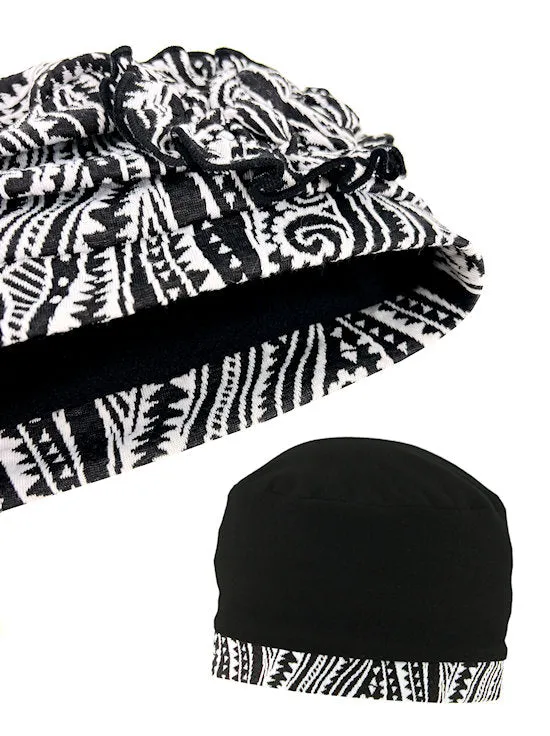 H149-BLACKSWIRL#Pleated Winter Hat Fleece Lined Black Swirl